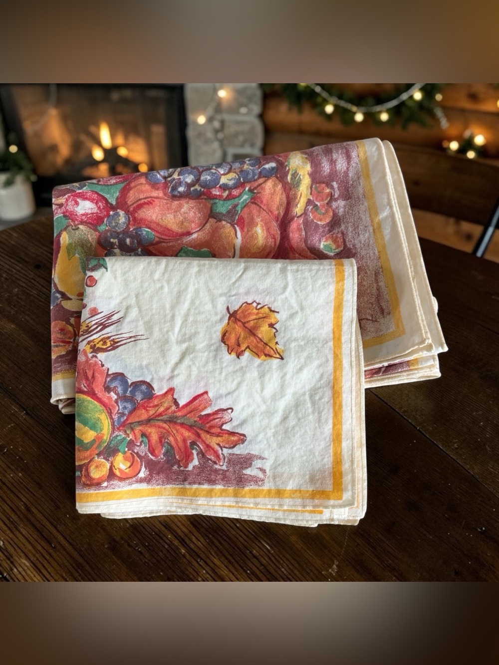 Vintage Thanksgiving Fall Harvest Tablecloth & 4 Cloth Napkins Turkey Pumpkin